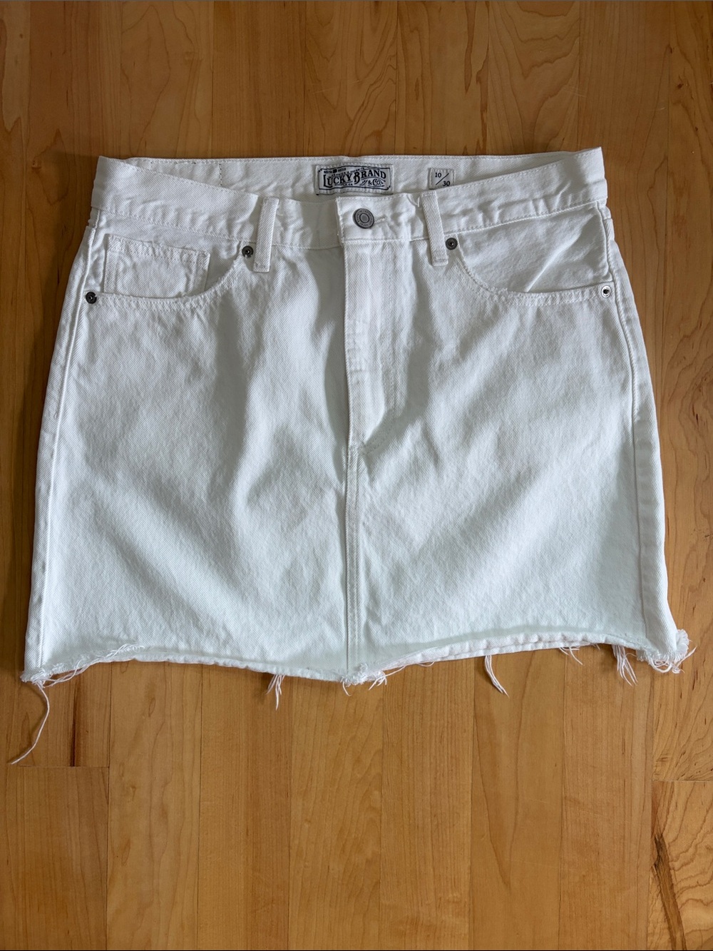 Lucky Brand White Denim Mini Skirt with Frayed Hem